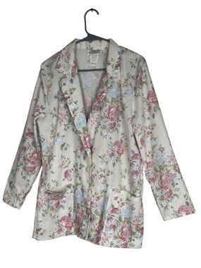 California Connection Floral Quilted Cream blazer with Pink & Blue Roses M 12/14